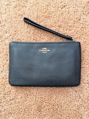 Coach Black Leather Zip Wristlet with Gold Logo